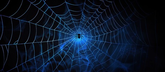 Detailed spider web silhouette with eerie blue light on a black wall, Halloween spooky setting.