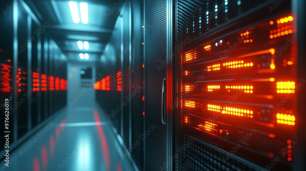 Poster a server rack with blinking lights, symbolizing the power, connectivity, and data flow of the digita