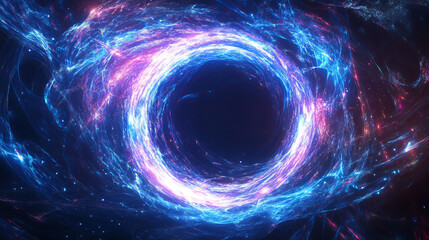 Blue swirling circle frame composed of multicolored energy lines and particles. Abstract background design.