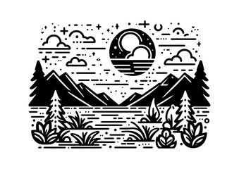 Hill with trees water and clouds, moon outline