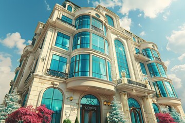 Fototapeta premium A large building with a blue facade and a white trim