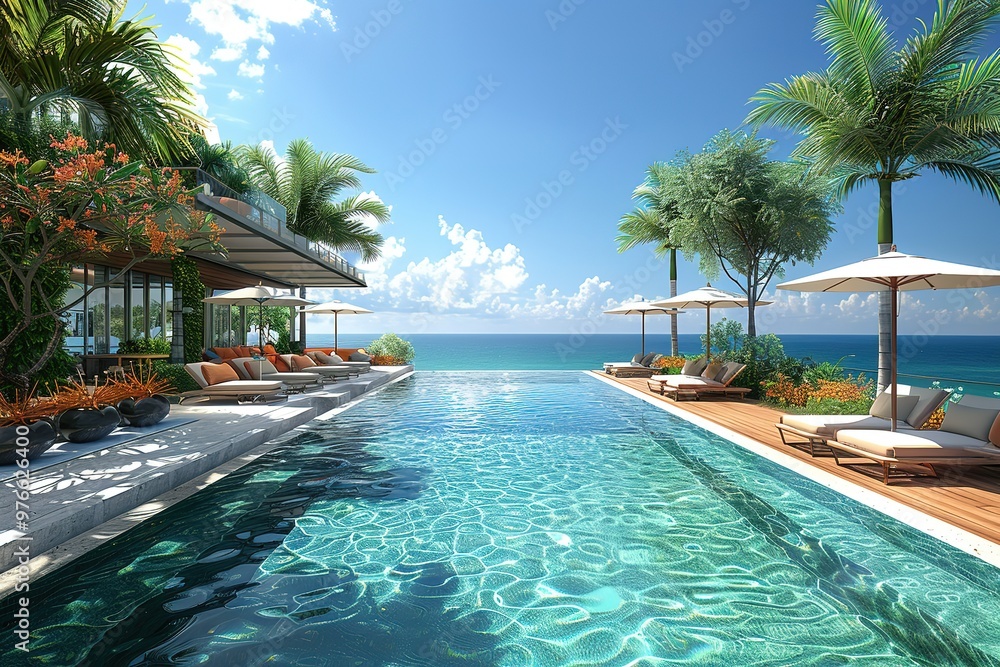 Poster a pool with a view of the ocean and palm trees
