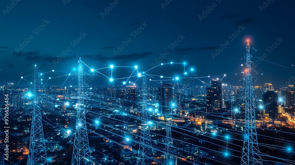 Poster a city skyline with many buildings and a network of lines connecting them. concept of connectivity a