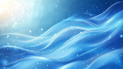 Abstract blue transparent energy lines and cosmic rays, shining with magical highlights and dots. Light beams radiate upwards from the waves on a blue background, creating a glowing, mystical effect. 