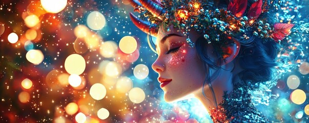 A festive woman in a sparkling outfit with eye-catching horns, surrounded by a flurry of twinkling lights. The radiant illumination enhances her cheerful expression, creating a magical and vibrant