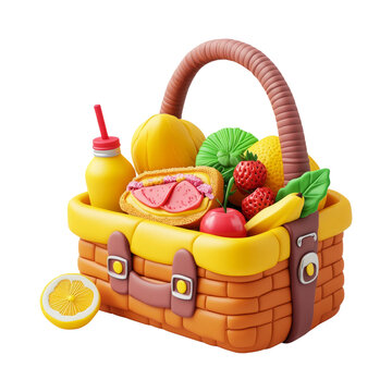 Colorful Picnic Basket with Fruits and Drinks on Transparent Background