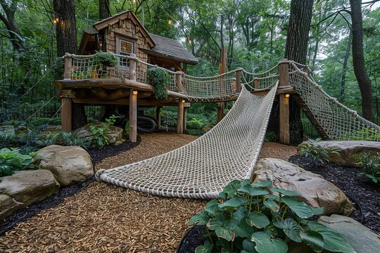 Fototapeta A wooden treehouse with a rope bridge and a rope swing