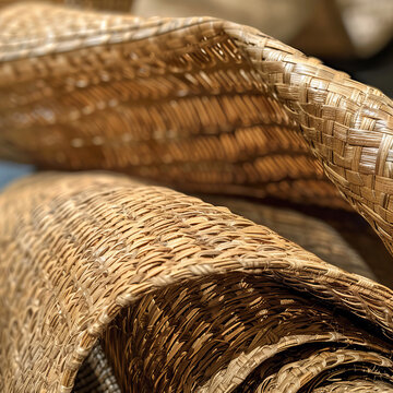 Woven abaca fiber showcases intricate patterns and textures, creating warm and natural aesthetic. This piece of upholstery highlights beauty of sustainable materials