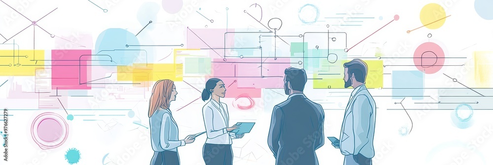 Aufkleber a team of business professionals discuss ai strategy, standing in front of a whiteboard filled with 