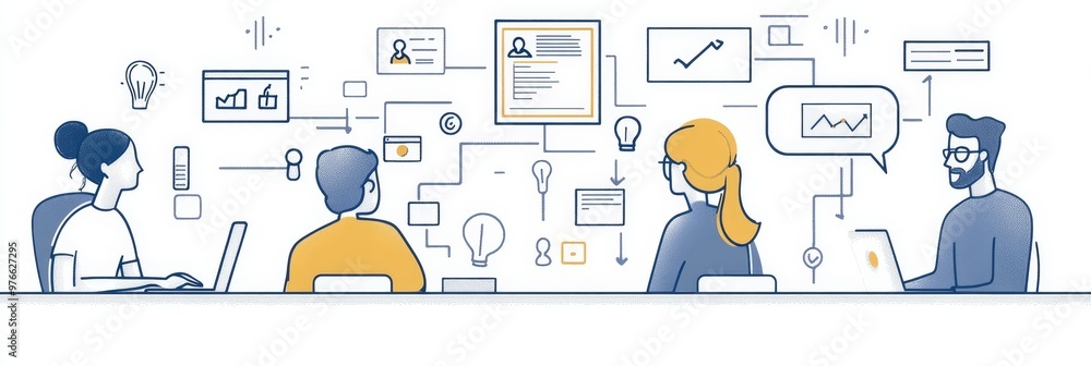 Aufkleber a team of diverse professionals collaborates on a ux project, brainstorming ideas, analyzing data, a