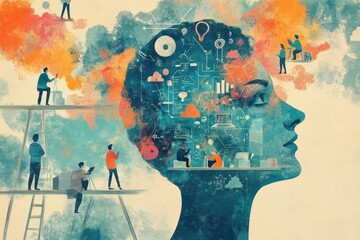 Abstract Watercolor Illustration of a Head with People and Ideas Inside