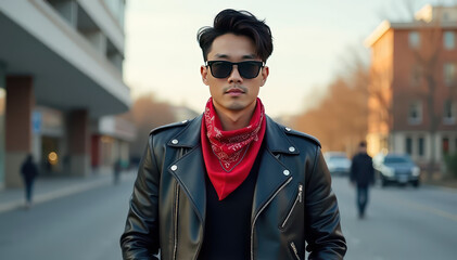 Obraz premium Asian man in leather jacket and red bandana against golden sunset on city street, exuding rebel chic style