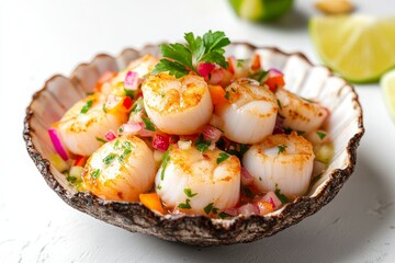 A vibrant and refreshing scallop ceviche, featuring fresh, seared scallops tossed in a zesty citrus marinade, with red onion, cilantro, and a touch of spice.