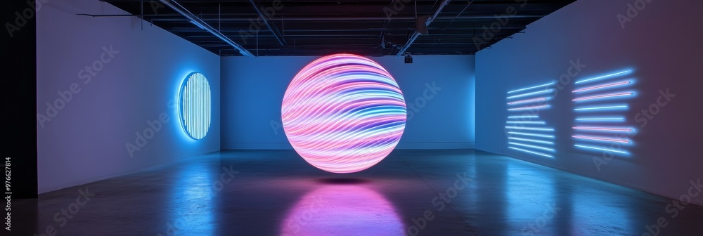 Poster a vibrant neon sphere pulsates with rhythmic waves of cyan and magenta, creating a dynamic and capti