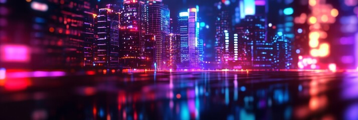 A vibrant, neon-lit cityscape with sleek, minimalist buildings reflecting in a wet street. The image symbolizes urban growth, technology, modern architecture, and futuristic design.