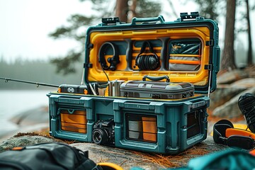 A blue and yellow case with a fishing rod and other gear