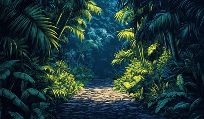 Fototapeta premium Mystical Forest Path Amidst Dense Tropical Foliage in Morning Glow