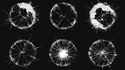 Shattered glass circles with visible cracks. Abstract comic book-style flash explosion with radial lines. Features fractured, broken geometric circles creating a damaged texture. Vector illustration.