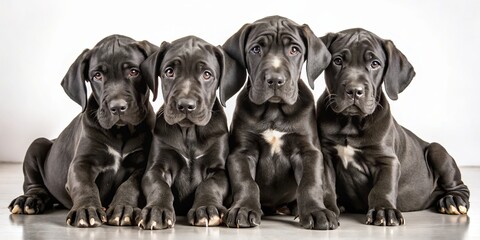 Four giant black Great Danes gather in a pose of playful curiosity, their floppy ears and stubby tails