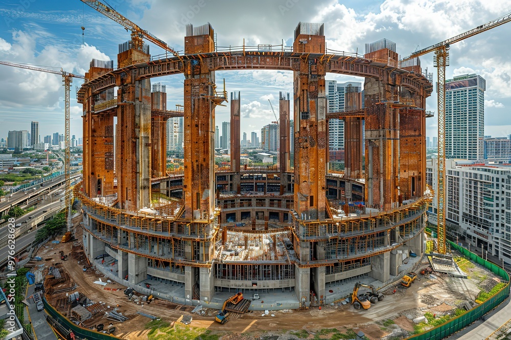 Poster a large construction site with a large building in the middle
