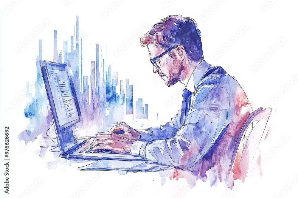 Aufkleber a watercolor illustration of a data analyst working on a laptop, with the background showing a citys