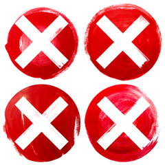 set collection of red caution warning, stop, danger, prohibition symbol, diagonal cross mark inside a circle, brush strokes watercolor ink, transparent background.