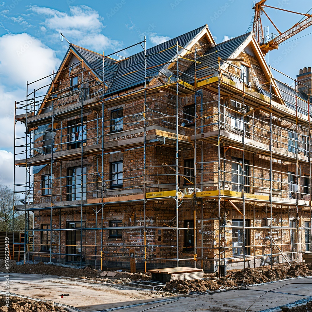 Poster a large brick building is being constructed with scaffolding around it