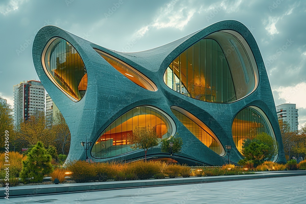 Poster a large building with many windows and a curved design
