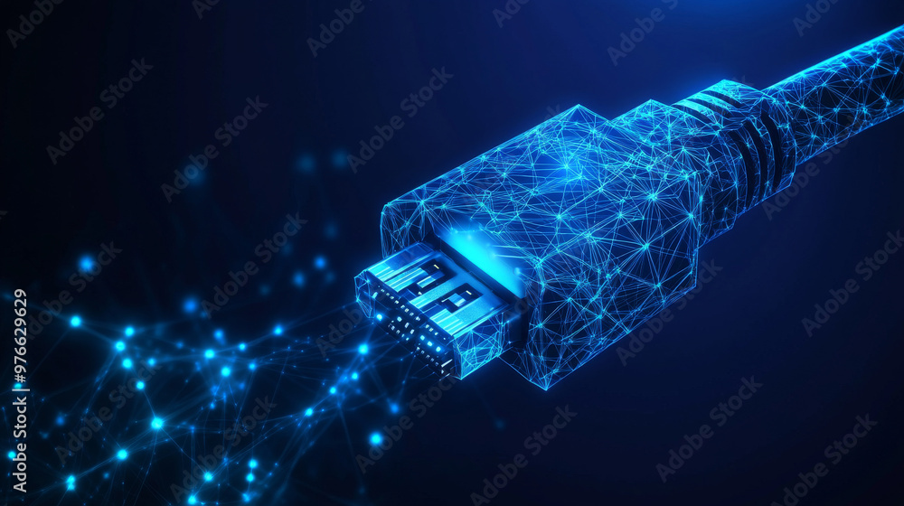 Poster a low poly 3d illustration of an ethernet cable connected to a network switch, rendered in dark blue