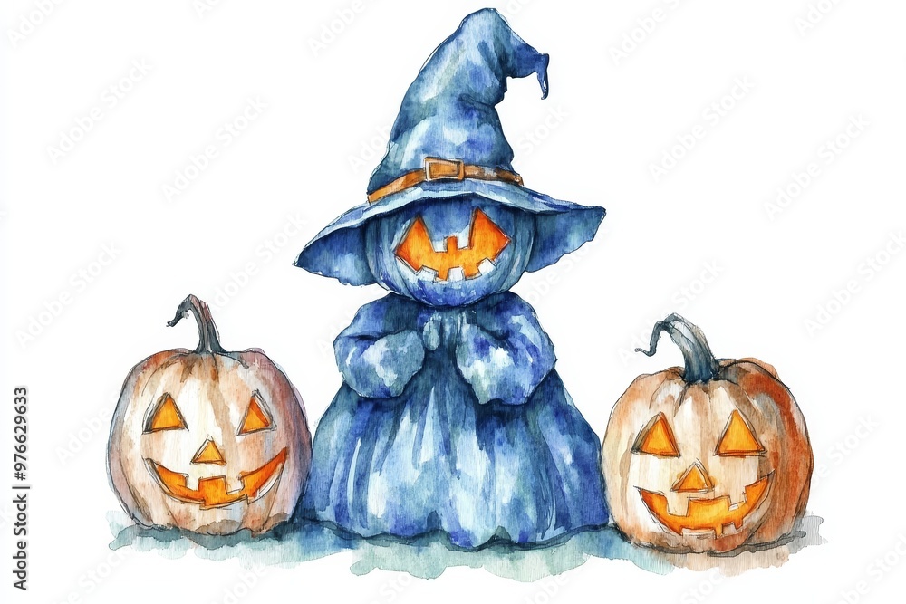 Wall mural A whimsical watercolor illustration of a Jack-o'-lantern dressed as a witch with two pumpkins. This image is perfect for Halloween decorations, social media posts, and greeting cards.