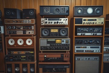 Fototapeta premium A collection of vintage audio gear, including tape recorders and floor standing floor models
