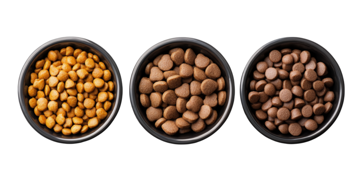 Isolated brown dog food bowl with dry food, surrounded by white cat food bowls and healthy ingredients like beans, coffee, nuts, and seeds with clipping path, PNG collection, PNG image, PNG files, Gen
