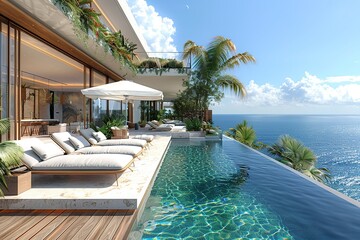 Fototapeta premium A beautiful pool with a white umbrella and a view of the ocean