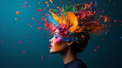 A woman's head explodes with vibrant color representing imagination, creativity, freedom, expression, and individuality.