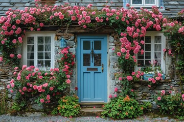A blue door with a black handle is in front of a house with a lot of pink flower