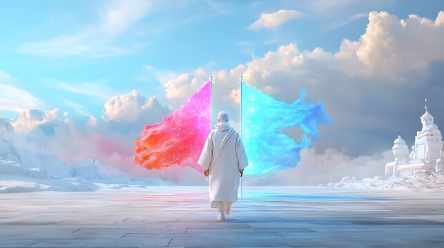 A futuristic peace march with bioluminescent flags and holographic unity messages promoting global harmony
