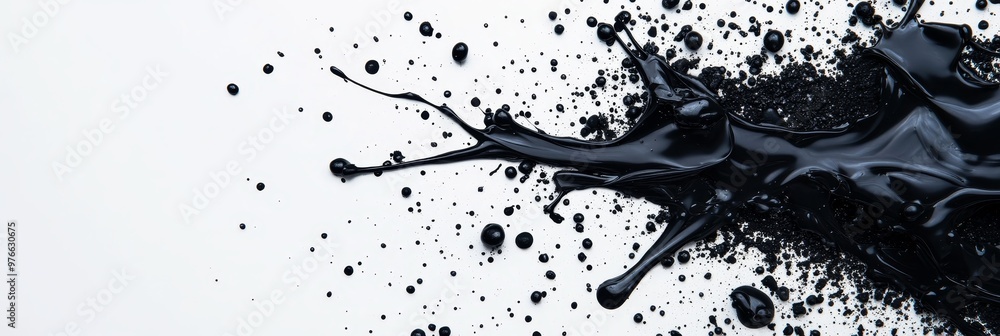 Poster abstract black ink splatter on a white background. the splatter is a dynamic and energetic compositi
