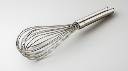 A stainless steel whisk used for mixing and beating ingredients.