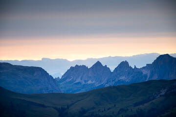 Colorful sunset in the Dolomite mountains at Passo Giau.