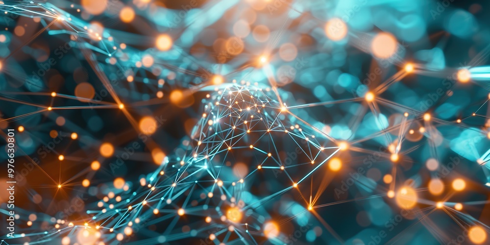 Poster dynamic blue-orange digital network with connecting lines and do