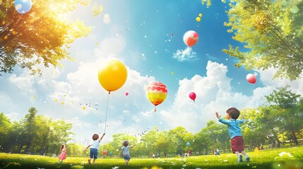 Colorful park scene with children playing, floating balloons, a happy family, and a bright sky with fluffy clouds