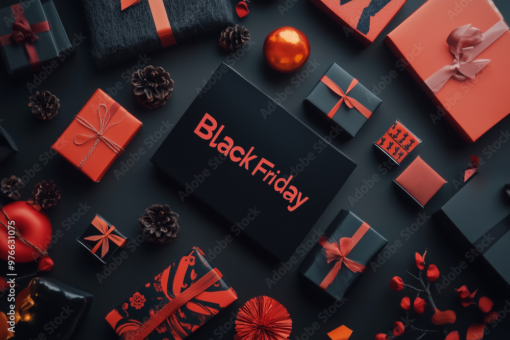 Poster black and red box with the words black friday written on it. the box is surrounded by many other box