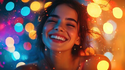 A spirited woman at a colorful party, her laughter and excitement captured as she dances amidst a backdrop of vibrant decorations and flashing lights. The lively scene exudes a sense of fun and