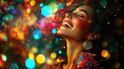 A spirited woman at a colorful party, her laughter and excitement captured as she dances amidst a backdrop of vibrant decorations and flashing lights. The lively scene exudes a sense of fun and