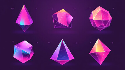 Assortment of low-poly 3D shapes depicting Platonic solids. Features basic linear algebra figures and polygonal designs. Vector illustration ideal for retrowave, vaporwave, and synthwave style graphic