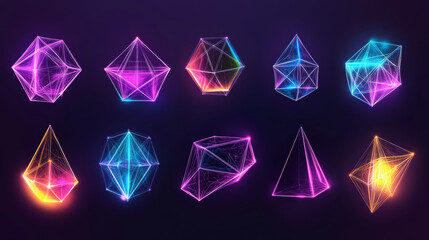 Assortment of low-poly 3D shapes depicting Platonic solids. Features basic linear algebra figures and polygonal designs. Vector illustration ideal for retrowave, vaporwave, and synthwave style graphic