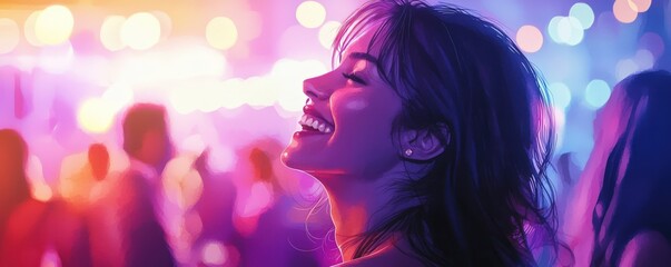 A jubilant woman celebrating at a lively party, her face aglow with happiness as she interacts with friends and revels in the vibrant atmosphere. The scene is filled with colorful lights and festive