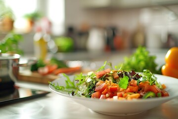 Fresh garden salad on vibrant kitchen counter
