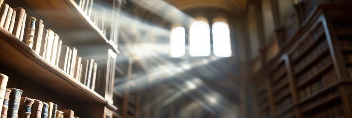 A beautifully captured sunlit library with rays illuminating the bookshelves, creating a serene and peaceful atmosphere perfect for study and reflection.