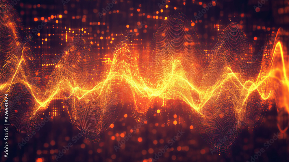 Poster colorful orange sound wave ripple with a digital equalizer design. features big data audio visualiza